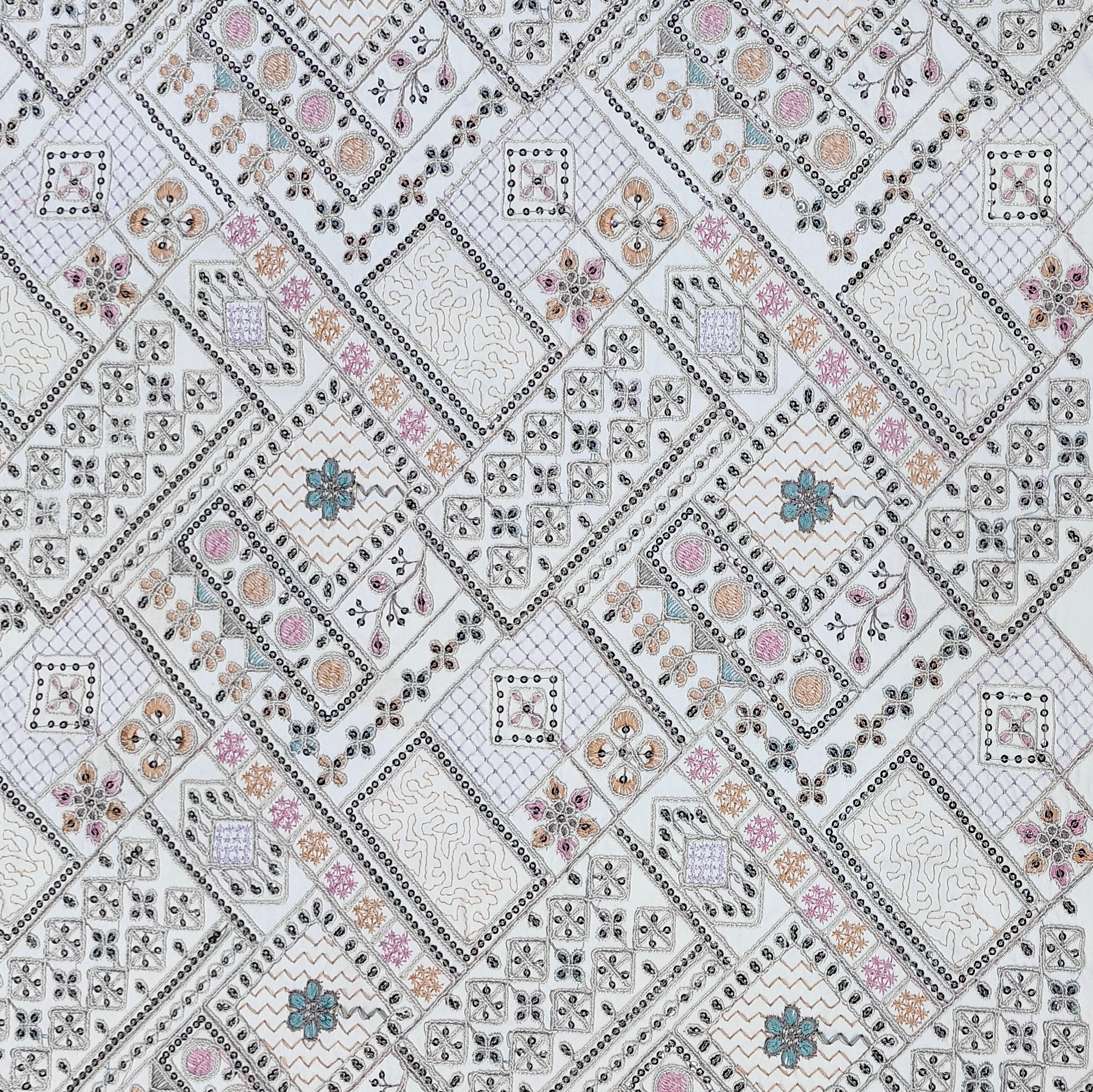 Kurta Fabric ManTire Designer Silk Geometric Diamond Patchwork Motif Embroidery Colour White, Lavender N Pink